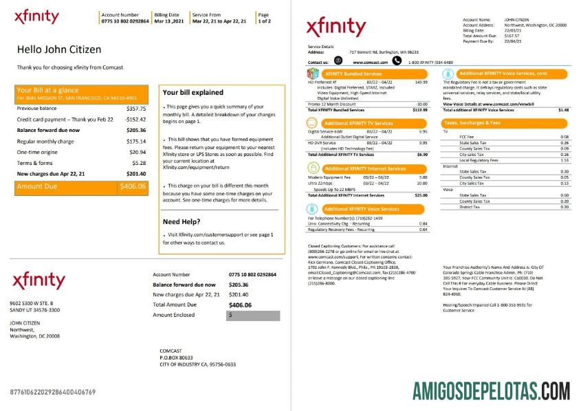 imprimível Modelo de conta de serviços públicos Xfinity Comcast dos EUA, São Francisco em formato Word e PDF (2 páginas)